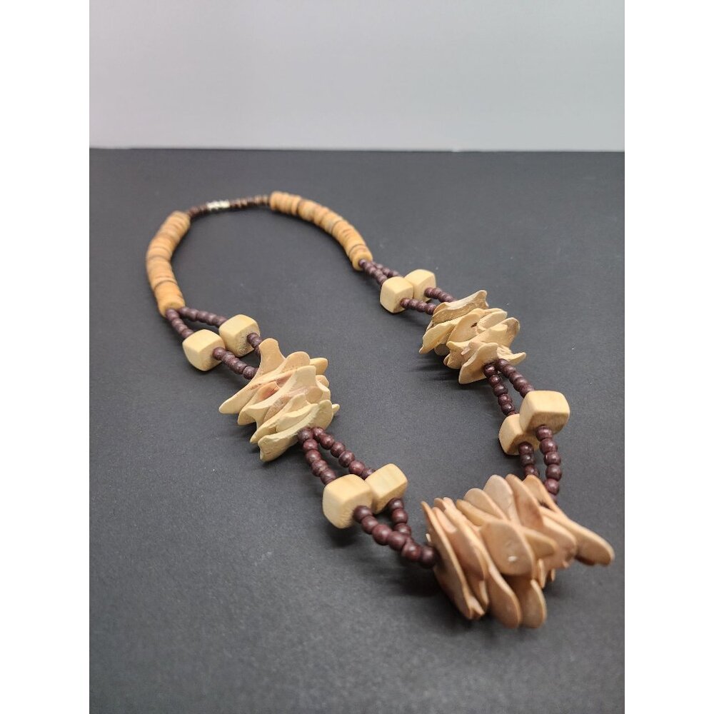 Vintage Unique Tribal Wood & Coconut Disc Beads Necklace Hand Carved - Picture 3 of 7